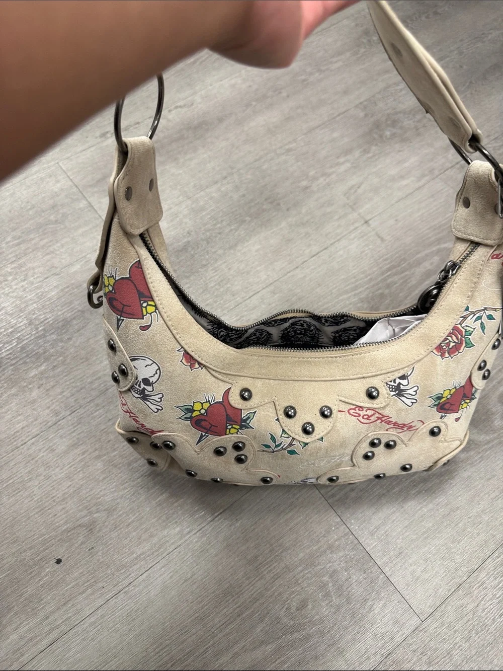Ed Hardy Beige Studded Hobo with Tattoo Heart & Skull Print